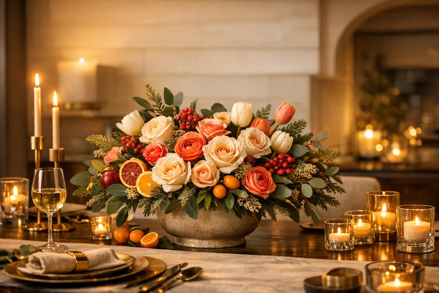 Seasonal holiday floral centerpiece with roses, tulips, greenery, candles, and citrus accents by Lina Flowers