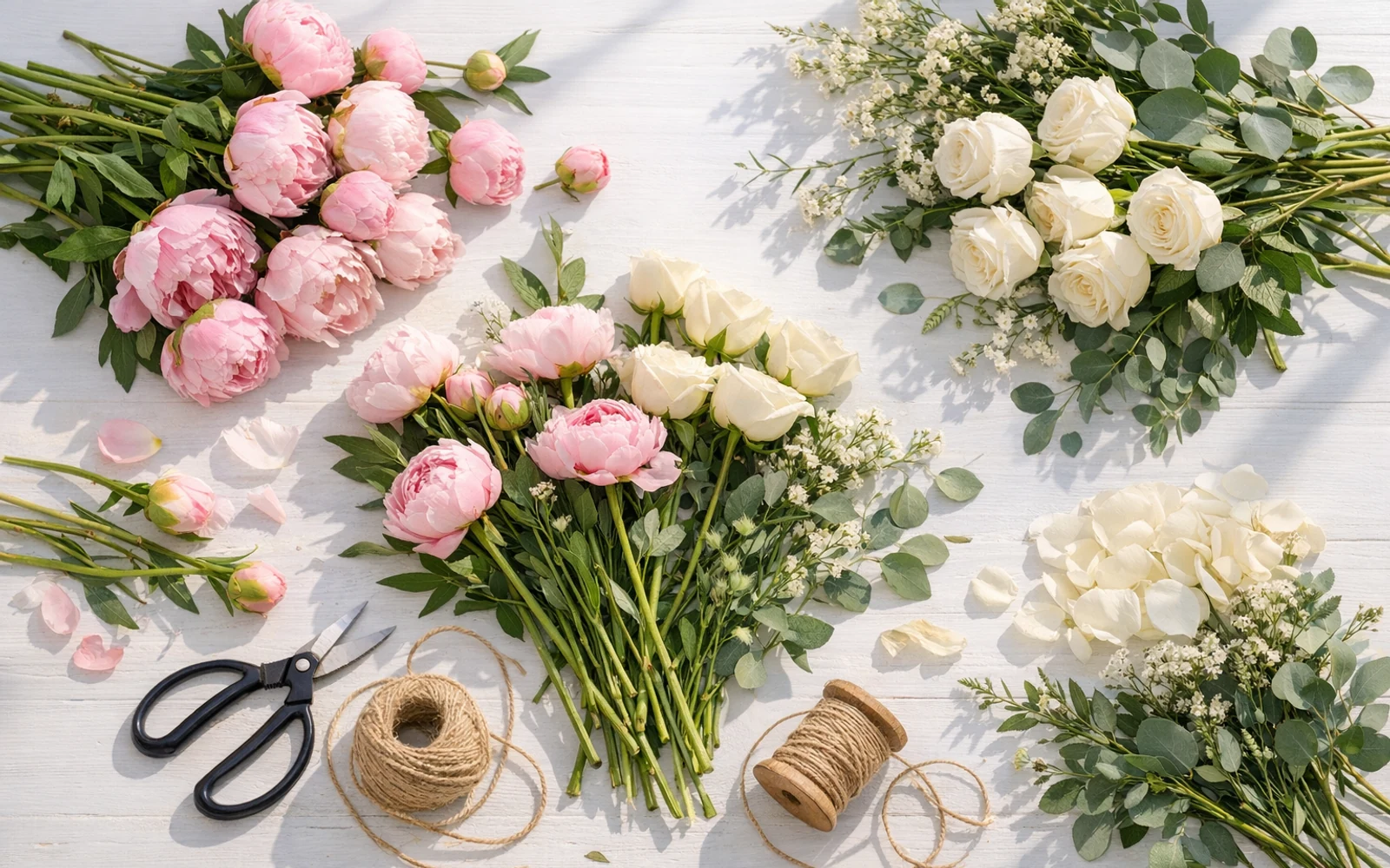 Lina Flowers studio workspace with arranged flowers, wrapping materials, and floral design tools in Van Nuys