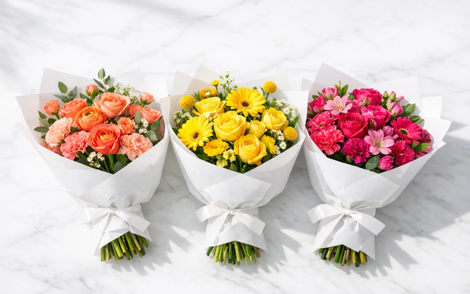 Bright Lina Flowers bouquets wrapped for same-day delivery with coral, yellow, and pink flowers on a marble surface