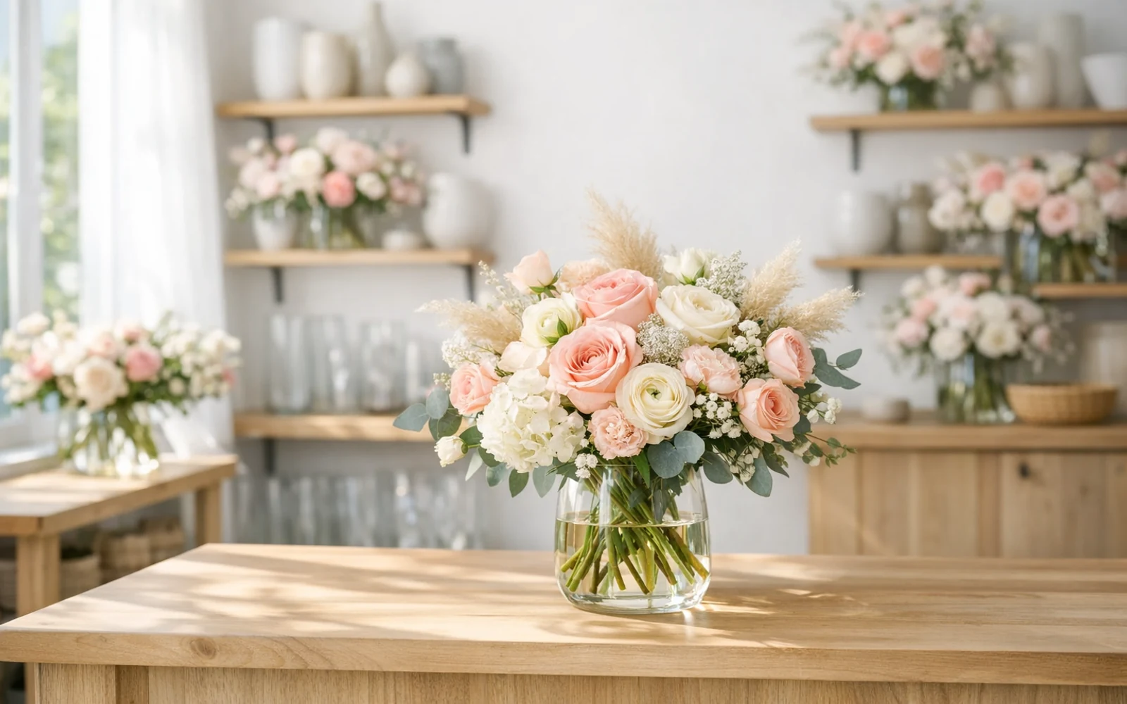 Inviting Lina Flowers florist shop interior with wooden shelving, soft pink and cream bouquets, and natural sunlight through the front window