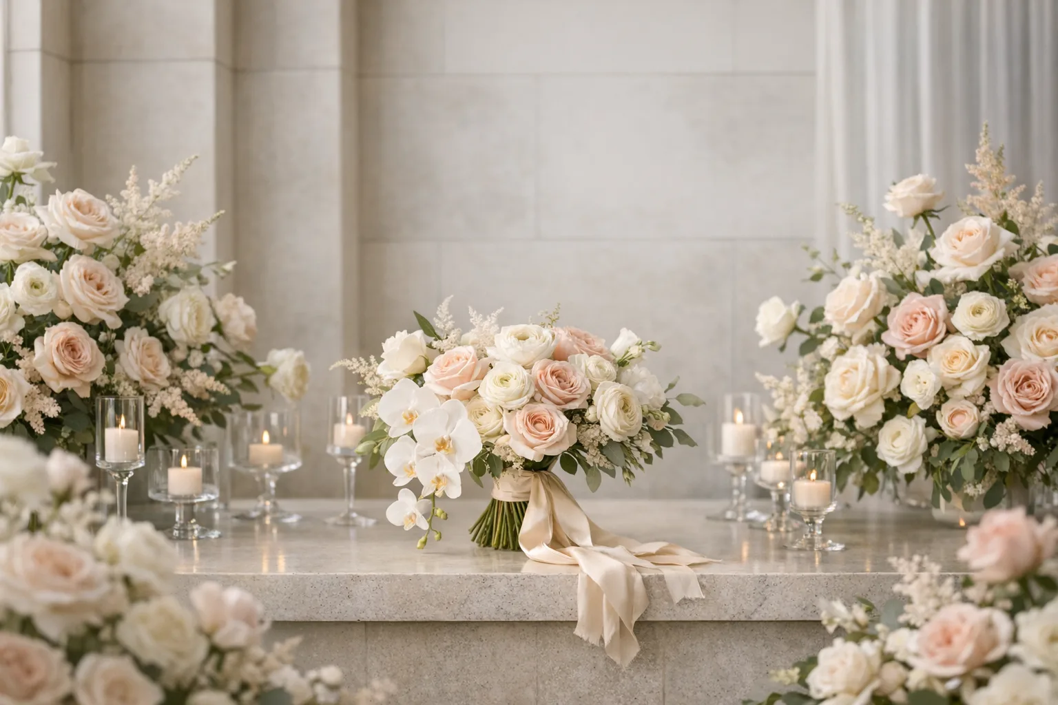 Luxury wedding floral editorial scene with bridal bouquet, orchids, roses, and ceremony arrangements by Lina Flowers